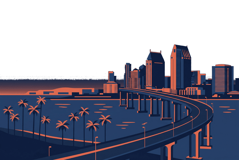 San Diego skyline illustration with Coronado Bridge