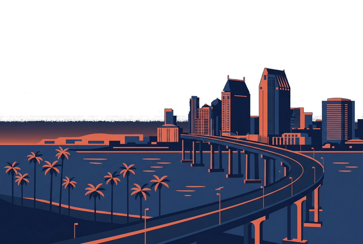 San Diego skyline illustration with Coronado Bridge